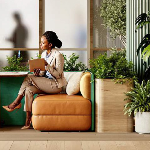 Woman working in lounge area